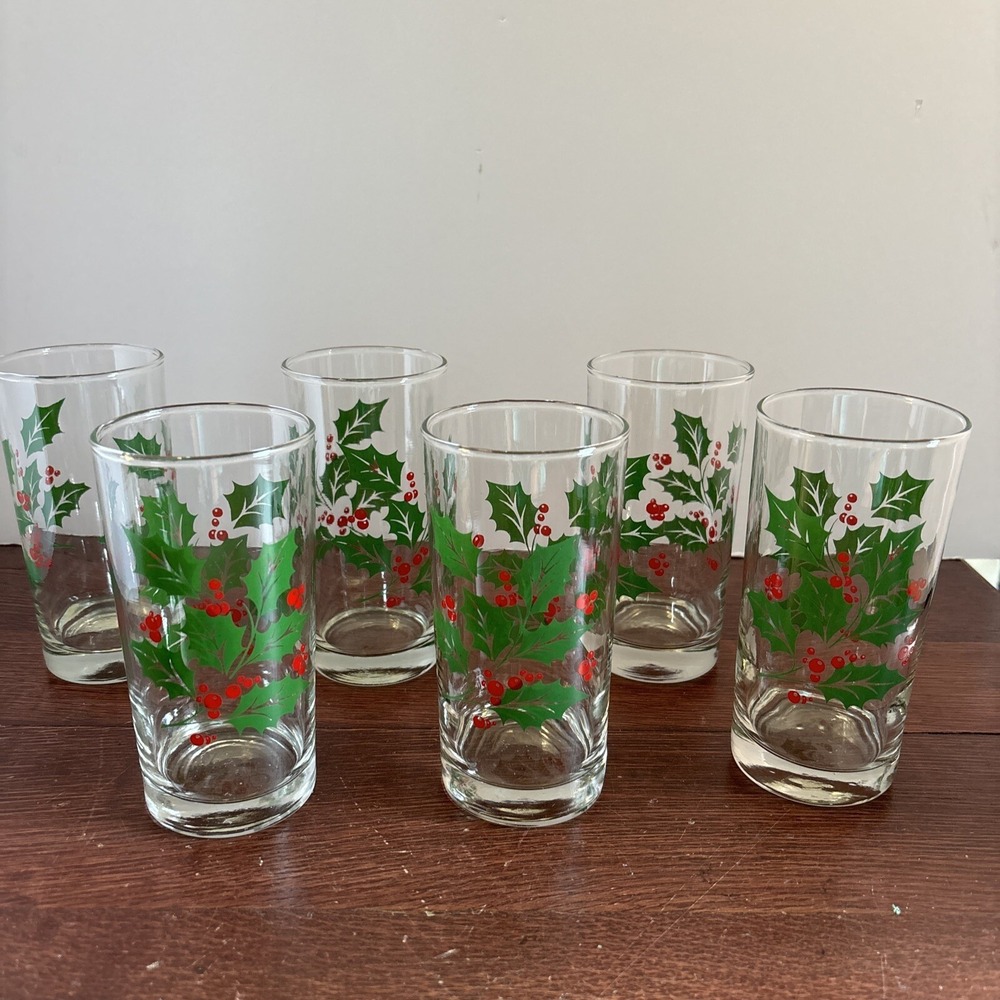 VTG Bartlett Collins Christmas Holly Berry 12oz Glass Tumblers 5 1/2"H Set Of 6